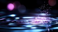 Mesmerizing water ripples with pink and blue bokeh lights creating magical splash effect against dark background, abstract liquid motion photography.