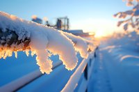 Snow-covered tree branch with delicate frost crystals backlit by golden winter sunrise creates magical morning atmosphere against blue sky background.