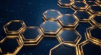 Golden hexagonal honeycomb structure with glowing edges on dark blue background. Modern geometric pattern for technology, science, and futuristic designs.