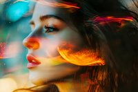 Young woman profile with glowing neon lights and colorful bokeh effects creating dreamy atmospheric portrait. Artistic photography with orange and turquoise color overlay.