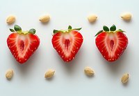 Fresh strawberry halves arranged in row with pistachios on white background, showcasing vibrant red flesh and natural texture for food photography.