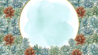 Vintage botanical frame with succulents and flowers surrounding empty circular space for text or design elements on textured background.