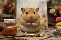Adorable golden hamster sitting on rustic table with honey jar and art supplies, soft bokeh background creates cozy autumn atmosphere for creative design projects.