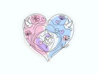 Decorative heart shape with floral elements and doves in pink and blue gradient colors for romantic design projects and wedding invitations.