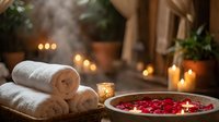 Spa wellness setup with rolled towels, rose petals floating in water bowl and candles creating relaxing atmosphere for massage therapy treatments.