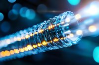 Glowing fiber optic cable with blue and orange bokeh lights creating futuristic technology atmosphere, macro photography showing detailed glass structure.