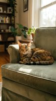 Tabby cat relaxing on comfortable armchair in cozy living room with warm sunlight streaming through window creating peaceful domestic atmosphere.