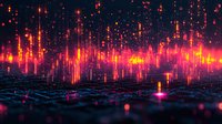 Glowing orange and pink light streaks rise from dark surface creating futuristic cityscape effect with digital grid pattern and atmospheric particle effects.