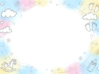 Pastel rainbow baby shower frame with clouds, stars, footprints, rocking horse and bottle on white background for invitations and announcements.