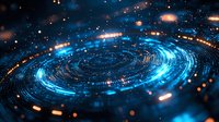 Glowing spiral galaxy formation with bright blue light trails and orange particles against dark space background, creating futuristic cosmic motion effect.