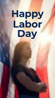 Happy Labor Day greeting card with American flag background and worker silhouette for patriotic holiday celebration and social media posts.