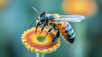 Honeybee collecting nectar from vibrant yellow flower with detailed wings and fuzzy body against soft blurred garden background for pollination concepts.