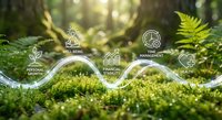 Wellness concept with interconnected circles showing holistic health icons over lush green forest moss background with natural sunlight filtering through trees.