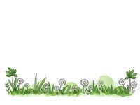 Spring meadow border with dandelions and grass on white background for seasonal designs and nature projects.