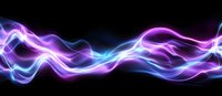 Glowing neon waves with pink and blue light streaks flowing horizontally on black background, abstract energy motion effect for modern design backgrounds.
