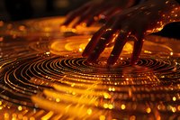Mysterious glowing spiral pattern with hand silhouette casting shadows in warm golden light creates mystical atmosphere with bokeh effects and circular geometry.