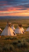 Traditional Native American teepees on prairie grassland during golden hour sunset with dramatic orange and pink sky clouds creating warm atmospheric lighting.