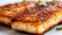 Grilled salmon fillet with crispy seared crust and caramelized surface, garnished with fresh herbs. Close-up macro shot showing flaky texture and golden-brown sear marks.