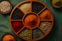 Aromatic spices and seasonings in wooden compartment tray with colorful paprika, black pepper, cumin seeds, and dried herbs on dark green background.