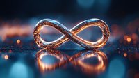 Glowing infinity symbol with golden sparkles and reflections on dark blue background, representing endless possibilities and eternal concepts for design projects.