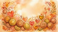 Watercolor background with golden coins, hearts, and floral ornaments in warm orange tones, copy space for text, finance and love concept.