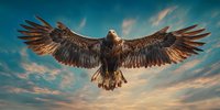 Majestic golden eagle with outstretched wings soaring against dramatic blue sky with sunset clouds, symbolizing freedom and power in nature.