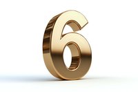 Golden metallic number six on white background, dimensional numeral with reflective surface and soft shadow for luxury design and typography projects.