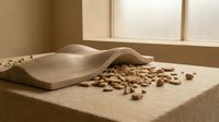 Wooden scoop with scattered peanuts on neutral fabric surface, ideal for food styling, culinary content, nutrition blogs, recipe websites, and healthy snack marketing materials.