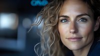 Young blonde woman with blue eyes and wavy hair in professional business attire looking confidently at camera with soft lighting and blurred background.