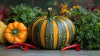 Striped green and orange decorative pumpkin with red chili peppers and fresh herbs in garden setting, seasonal autumn harvest composition for fall decor.