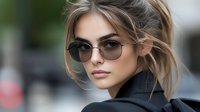 Young Caucasian woman with messy updo hairstyle wearing black leather jacket and round sunglasses looking away with confident expression in urban setting.