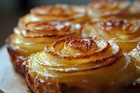 Freshly baked spiral pastries with golden caramelized layers and powdered sugar coating, perfect for bakery, cafe, and food photography projects.
