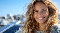 Young blonde woman with curly hair smiling joyfully at marina with luxury yachts in background on sunny day, expressing happiness and carefree lifestyle.