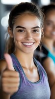 Happy young Hispanic woman giving thumbs up at fitness gym after successful workout session with positive attitude and bright smile.