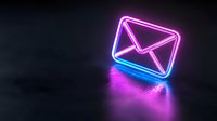 Glowing neon mail envelope icon floating on dark reflective surface with purple and blue light effect, modern digital communication concept.