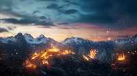 Dramatic mountain landscape with glowing embers and sparks against snowy peaks at sunset, creating mystical atmosphere with dark stormy clouds and orange fire elements.