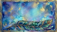 Mystical feather floating in cosmic starry night sky with golden ornate frame border for spiritual meditation and fantasy art projects.