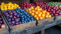 Fresh colorful fruits displayed in wooden crates at farmers market including plums, oranges, apples and other seasonal produce arranged on rustic wooden table.