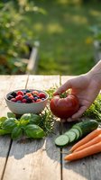 Hand holding fresh red tomato over rustic wooden table with mixed berries, cucumber slices, carrots and herbs in sunny garden setting for healthy cooking.