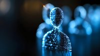 Digital human silhouette made of glowing blue particles against dark background, representing artificial intelligence, digital transformation and future technology.