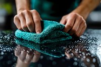 Close-up of hands wiping black glossy surface with turquoise microfiber cloth, water droplets scattered across reflective countertop in dark setting.
