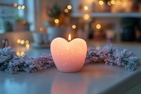 Glowing heart-shaped candle surrounded by frosted pine branches on wooden surface with soft bokeh lights in background creates cozy winter atmosphere.
