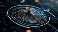 Futuristic spiral pattern with glowing orange and blue neon lines on dark background, abstract digital network visualization with central peak element.