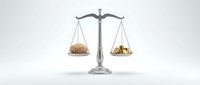 Balance scale weighing a human brain against gold coins, symbolizing the value of intelligence versus wealth in business decisions.