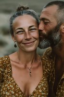 Happy mature couple embracing and smiling together showing love and affection in intimate moment. Middle-aged man and woman enjoying romantic relationship.