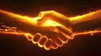 Glowing golden handshake with light trails and sparks against dark background symbolizes business agreement, partnership, and successful deal closing.