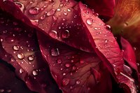 Macro shot of dark red rose petals with morning dew drops creating natural pattern. Water droplets reflect light on velvety flower surface in garden setting.