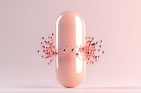 Pink medical capsule pill breaking apart with particles dispersing in opposite directions on soft pink background, modern minimalist pharmaceutical concept.