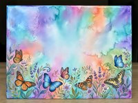 Colorful watercolor painting with butterflies and wildflowers on a rainbow pastel background, perfect for greeting cards and wall art.