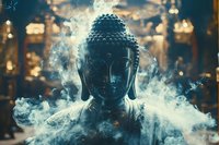 Serene Buddha statue surrounded by mystical rising smoke against blurred golden lights background, creating atmospheric spiritual ambiance.